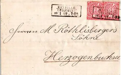 NDP 1869, 2x1 Gr. auf Brief m. R3 ELTVILLE (Ellfeld) i.d. Schweiz