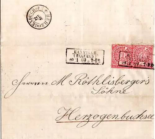 NDP 1869, 2x1 Gr. auf Brief m. R3 ELTVILLE (Ellfeld) i.d. Schweiz