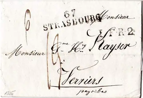 Frankreich 1825, L2 67 STRASBOURG u. 2 Transit-L2 auf Porto Brief n. Belgien 
