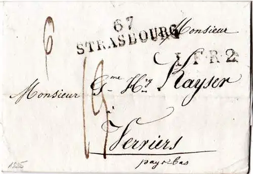 Frankreich 1825, L2 67 STRASBOURG u. 2 Transit-L2 auf Porto Brief n. Belgien