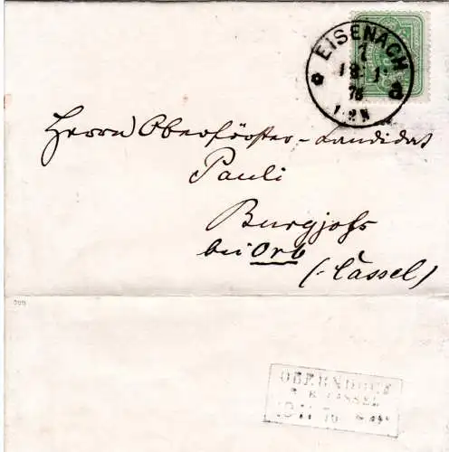 DR 1876, EF 3 Pfge. auf kl. Faltdruckdache m. K1 Eisenach n. Burgjoß