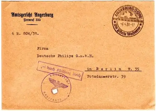 DR 1939, Frei durch Anlösung Reich Amtsgericht Brief v. Angerburg Ostpreussen