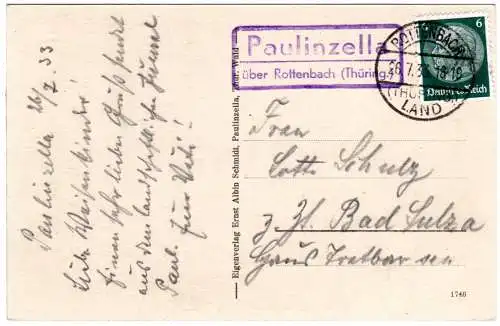 DR 1933, Landpost Stpl. PAULINZELLA über Rottenbach auf Karte m. 6 Pf.