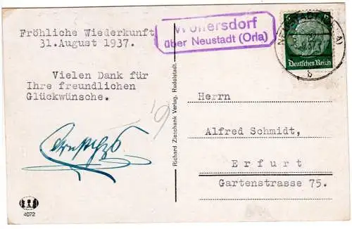 DR 1937, Landpost Stpl. WOLFERSDORF über Neustadt (Orla) auf Karte m. 6 Pf.