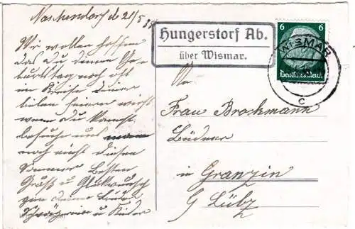 DR 1935, Landpost Stpl. HUNGERSTORF AB. über Wismar auf Karte v. Naschendorf.