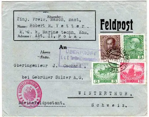 Österreich 1915, Marine Feldpost Auslandsbrief m 4 Marken v. Pola i.d. Schweiz