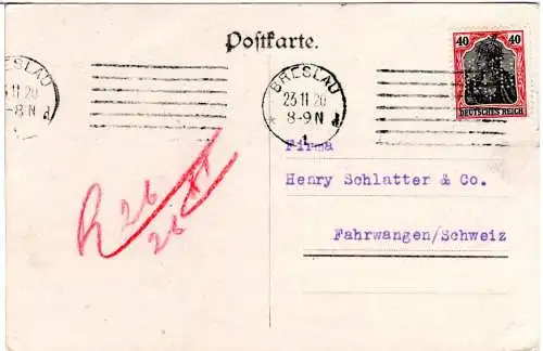 DR 1920, 40 Pf. Germania m. perfin auf Firmenkarte v. Breslau i.d. Schweiz