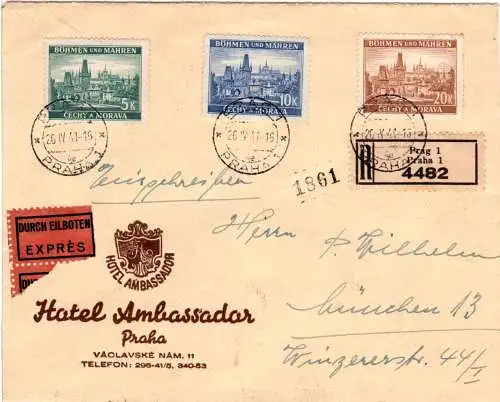 Böhmen u. Mähren 1941, 3 Höchstwerte auf Reko Express Hotel-Brief v. Prag