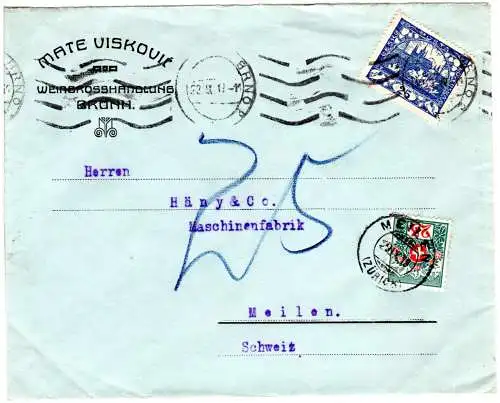 Tschechoslowakei 1919, 25 H. auf Firmen Brief v. Brünn m. Schweiz Portomarke