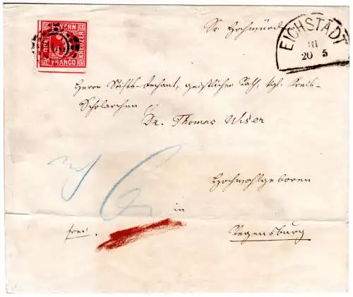Bayern 1863, 3 Kr. auf Brief v Eichstädt n. Regensburg m. "noch 6" (6 Kr. Porto)