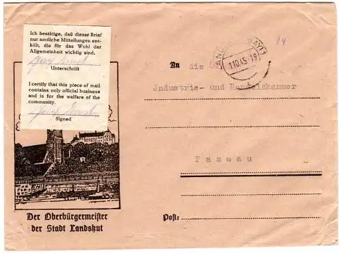 Okt. 1945, Landshut Bürgermeister Brief m. 2-sprachigem Genehmigungs-Aufkleber