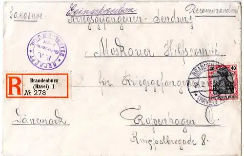 DR 1916, 40 Pf. Germania auf Einschreiben KGF POW Zensur Brief v. Brandenburg