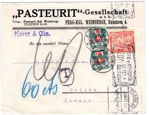 Tschechoslowakei 1923, 100 H. auf Firmen Brief v. Prag m. 2 Schweiz Portomarken