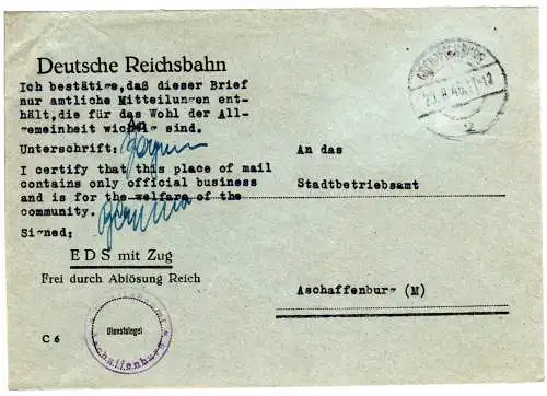 DR August 1945, Eisenbahn EDS Brief v. Aschaffenburg m. Genehmigungsstpl. 
