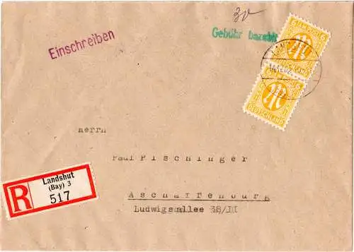 AM-Post 1945, Einschreiben Brief v. Landshut m. portorichtiger Teilbarfrankatur