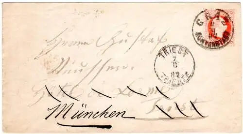 Österreich 1882, 5 Kr. Ganzsache Brief v. Graz Murvorstadt über Triest n. Bayern