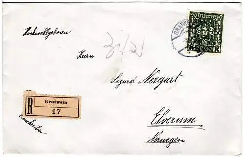 Österreich 1924, MeF 3x 2000 K. auf Einschreiben Brief v. Gratwein n. Norwegen