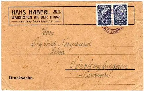 Österreich 1921, MeF Paar 50 H. auf Drucksache Brief v. Waidhofen n. Norwegen