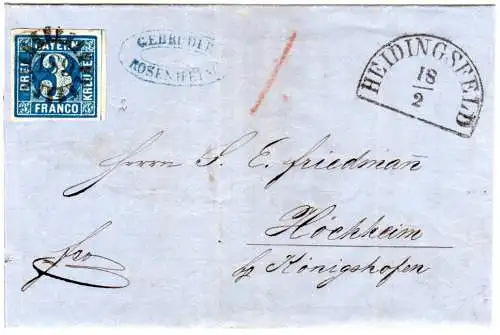 Bayern, MR 189 Heidingsfeld auf Brief m. breitrandiger 3 Kr. u. "1" Kr. f. Boten
