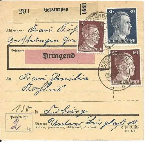 DR 1942, 80+60+15 Pf. auf Dringend Paketkarte v. GERSTUNGEN