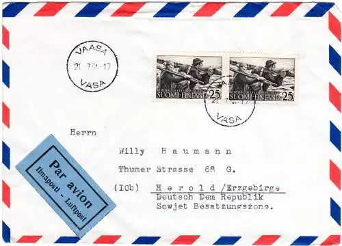 Finnland 1954, Paar 25 M. Edelfelt auf Brief m. 2-sprachigem Luftpostetikett