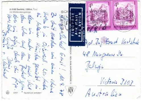 Österreich 1978, MeF Paar 4 S. auf Luftpost Karte v. Seefeld n. Australien