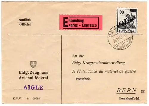 Schweiz 1951, EF 80 C. Dienstmarke auf Eilboten Orts-Brief v. Bern.