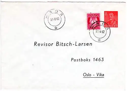 Norwegen 1962, sauber gebr. 45 öre Privat Ganzsachen-Umschlag m. 5 öre Zusatzfr.