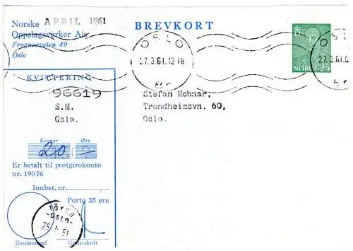Norwegen 1961, sauber gebr. 25 öre Privat Ganzsachen-Kvittering Brevkort v. Oslo