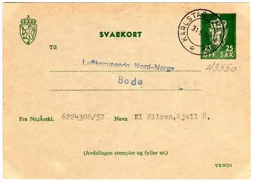 Norwegen 1958, sauber gebr. 25 öre Dienst Privat Ganzsachen Antwortkarte