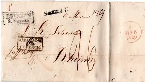 Sachsen 1826, R2 DRESDEN u. L1 SAXE T.T. auf Franko/Porto Brief n. Frankreich
