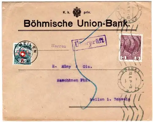 Österreich 1915, 3 H. auf Bank Brief v. Prag m. Zensur und Schweiz Portomarke