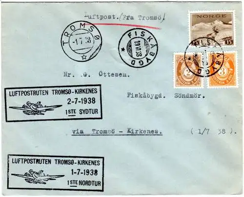 Norwegen 1938, 2+3+15 öre auf Tromsö-Kirkenes Ertsflugbrief v. Fiskabygd