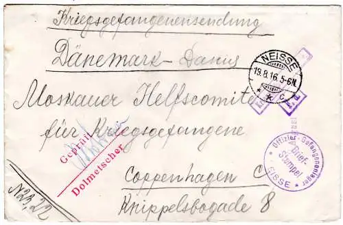 DR 1916, KGF POW Zensur Brief v. Offiziers-Lager Neisse n. Dänemark