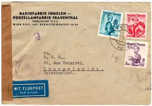 Österreich 1950, 2 S.+30+40 G. auf Luftpost Zensur Brief v. Wien n. Griechenland
