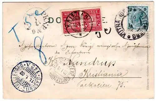 Österreich 1902, 5 H. auf Präge-AK v. Kuttenberg m. 2 Norwegen Portomarken