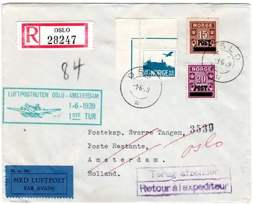 Norwegen 1939, 15+20+Eckrandstück 45 öre auf Oslo-Amsterdam Ertsflugbrief 