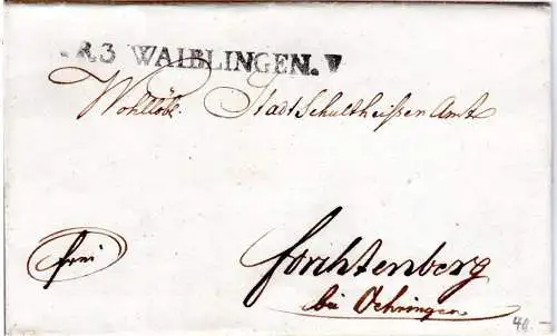 Württemberg 1838, R.3 WAIBLINGEN klar auf Franko-Brief n. Forchtenberg