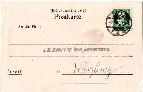 Bayern 1918, 7 1/2 Pf. m. perfin u. Stpl. Köln auf Antwortkarte n. Würzburg