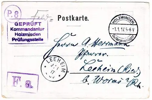 DR 1917, KGF POW Zensur Karte v. Holzminden Gefangenenlager n. Leeheim.