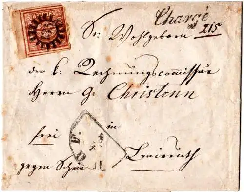 Bayern, voll-/breitrandige 6 Kr. m. Bogenrand auf Chargé-Brief m. MR 135 v. Hof