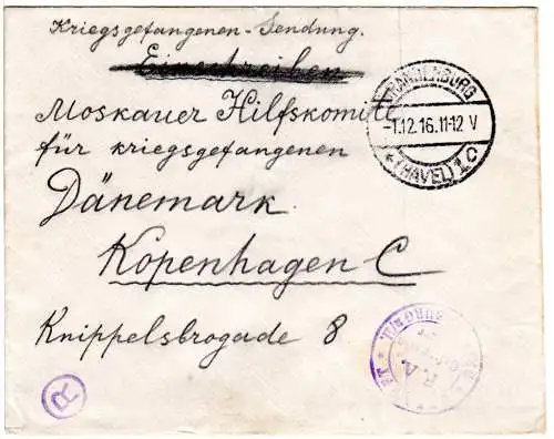 DR 1916, KGF POW Zensur Brief v. Brandenburg (Havel) n. Dänemark.