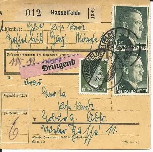 DR 1942, 2x1 Mk.+5 Pf. auf Dringend Paketkarte v. HASSELFELDE