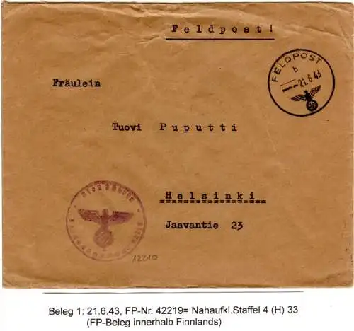 FP WK II 1943, Finnland Brief FP.Nr. 41219 Nahaufkl.Staffel 4
