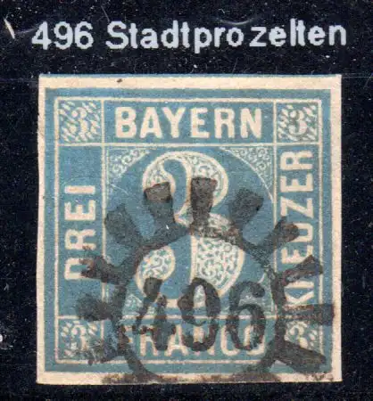 Bayern, MR 496 STADTPROZELTEN klar auf breitrandiger 3 Kr. (Pl.5)