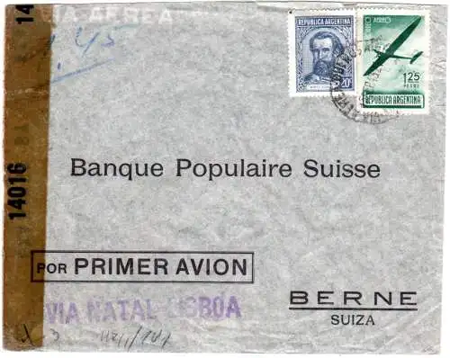 Argentinien 1943, WW II Luftpost Zensur Brief id. Schweiz m. L1 Via Natal-Lisboa