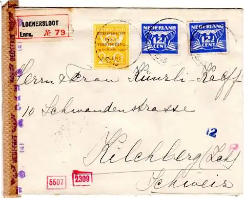 NL 1943, 10+2x12 1/2 C auf Einschreiben Zensur Brief v. Loenersloot i.d. Schweiz