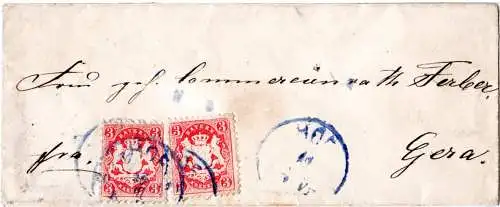 Bayern, 2x3 Kr. auf Brief m. blauem K1 HOF n. Gera, Thüringen