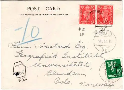 GB 1951, Paar 1d m. perfin auf Karte v. London m. Norwegen 10 öre Portomarke
