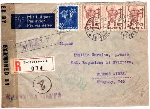 Schweiz 1944, 30+3x60 C. auf Reko Luftpost Brief v. Bellinzona n. Argentinien